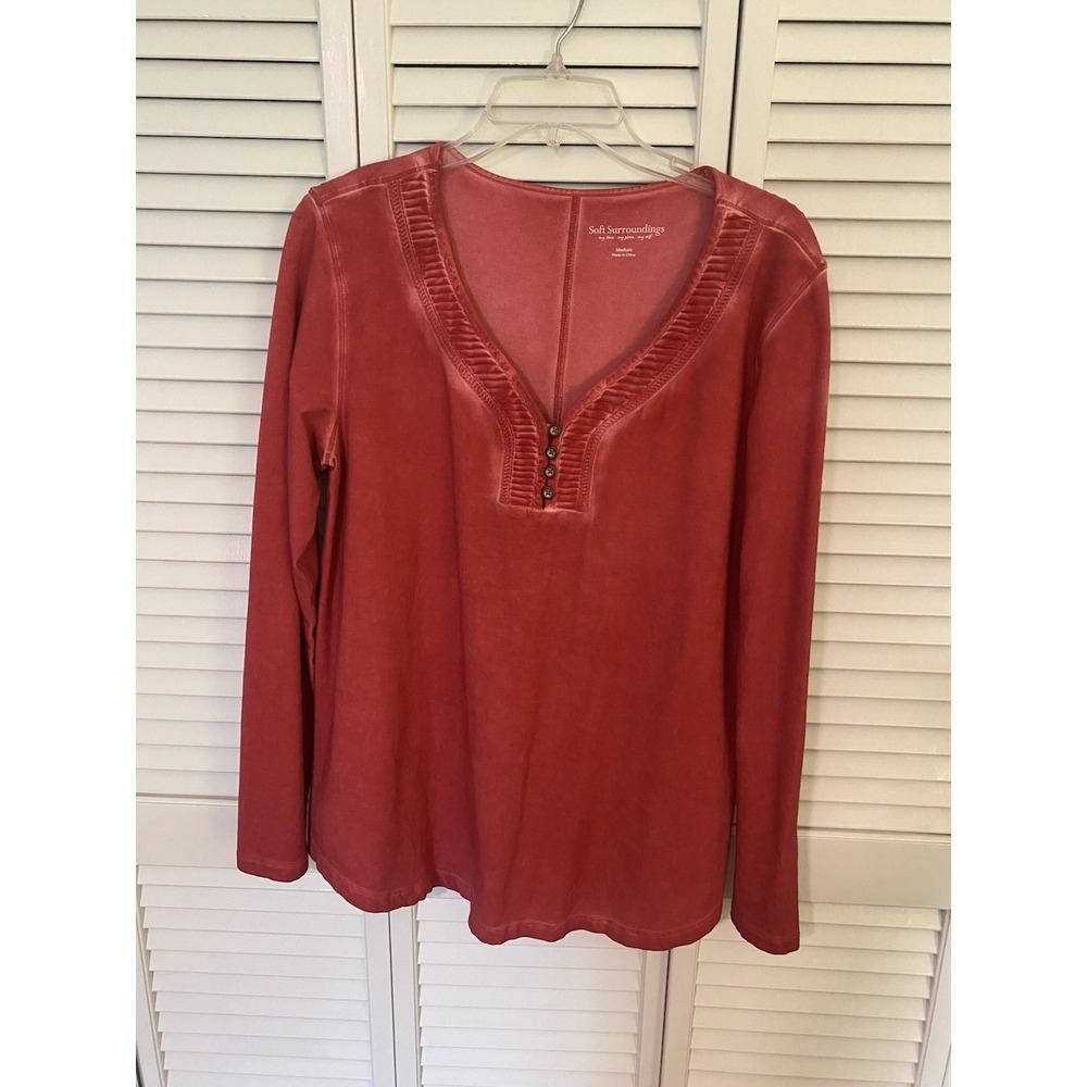 Soft Surroundings Pink Pleated Button V-Neck Tunic Blouse Long Sleeve Size M